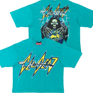 Teal t-shirt with graphic design and text on a white background