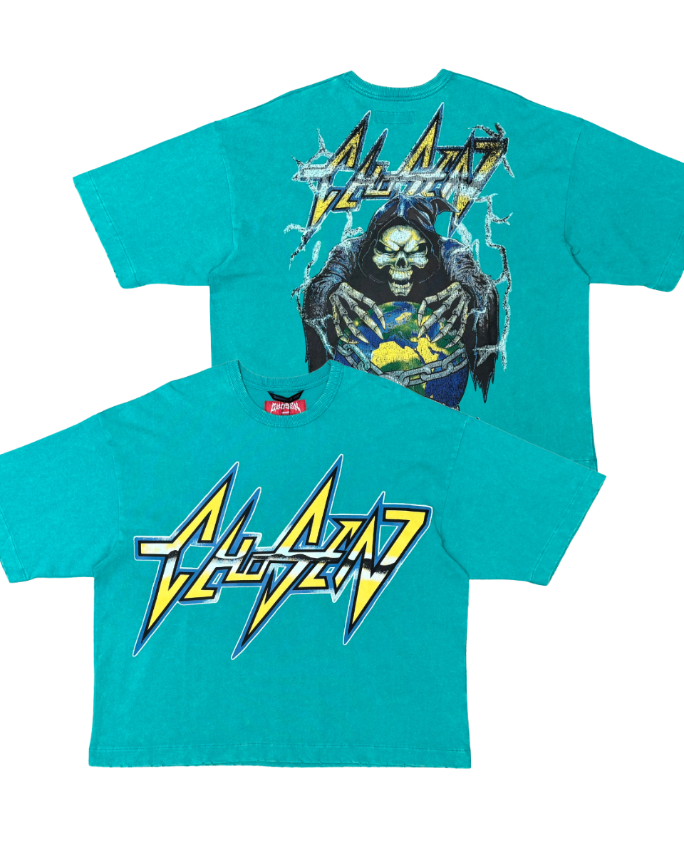 Teal t-shirt with graphic design and text on a white background