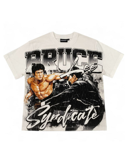A short-sleeve graphic t-shirt featuring a stylized print of Bruce Lee with the words 'BRUCE Lee' and 'Syndicate'. The shirt itself is a warm off-white/cream color, which maps to Beige under our color guidelines.