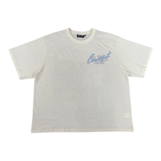 White t-shirt with blue text on a white background