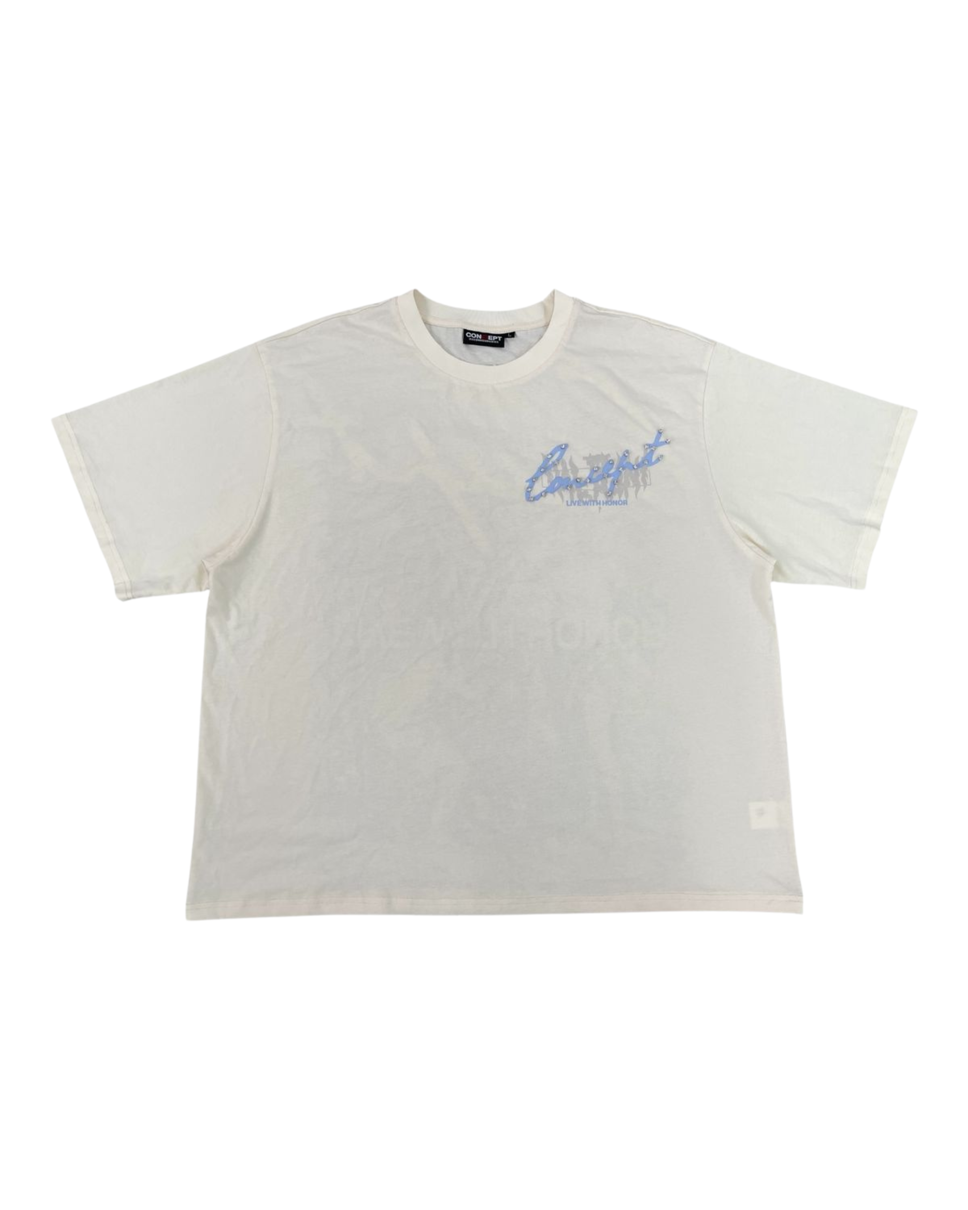 White t-shirt with blue text on a white background