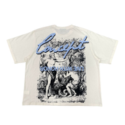 White t-shirt with graphic design and text on a white background