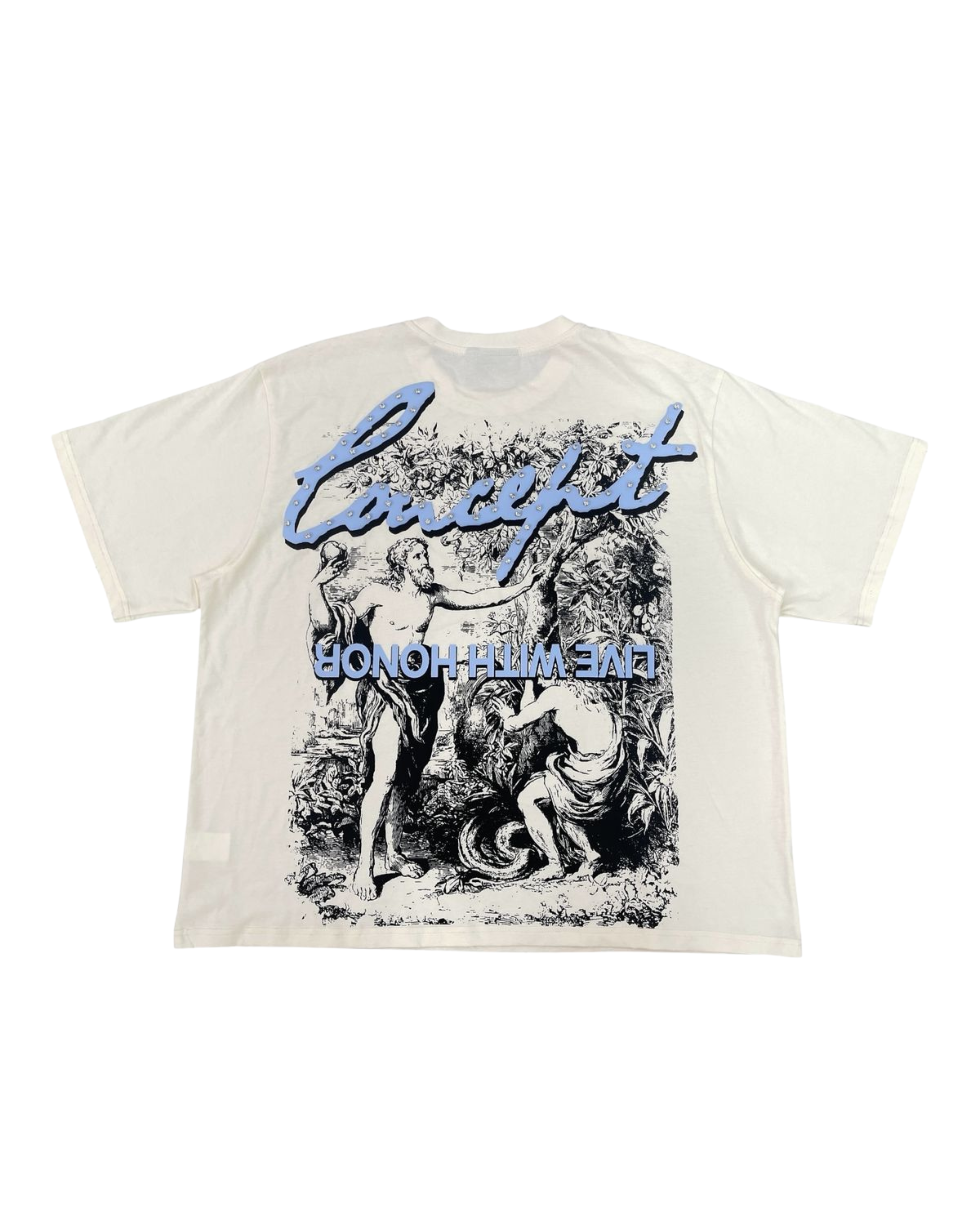 White t-shirt with graphic design and text on a white background