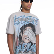 Person wearing a graphic t-shirt with a design of michael jackson on a white background