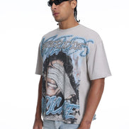 Man wearing a graphic t-shirt with a design of michael jackson on a white background