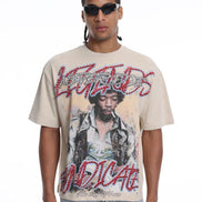 Man wearing a t-shirt with graphic design and text