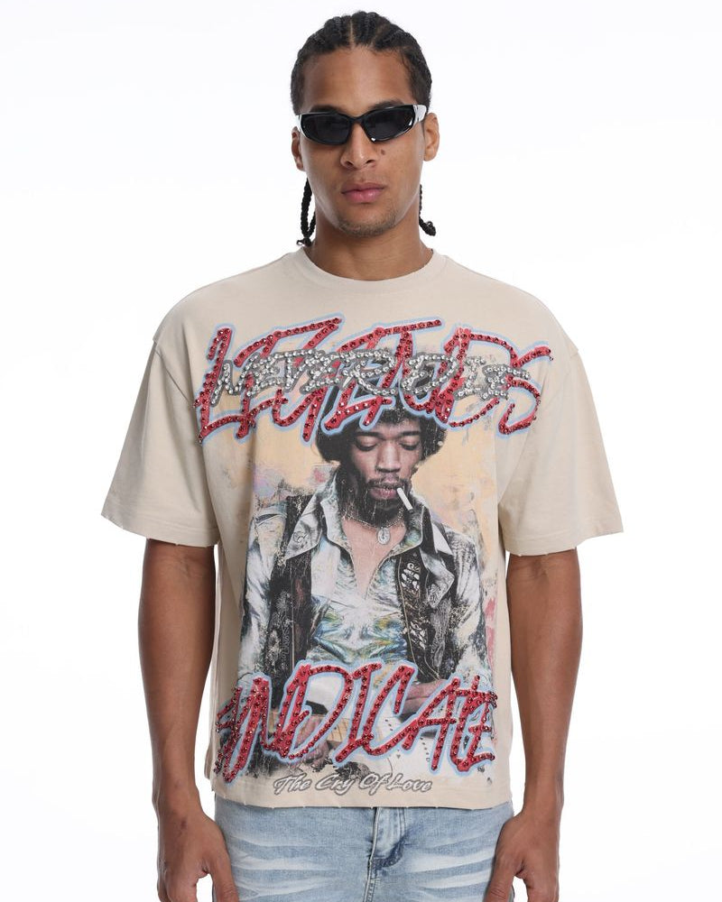 Man wearing a t-shirt with graphic design and text