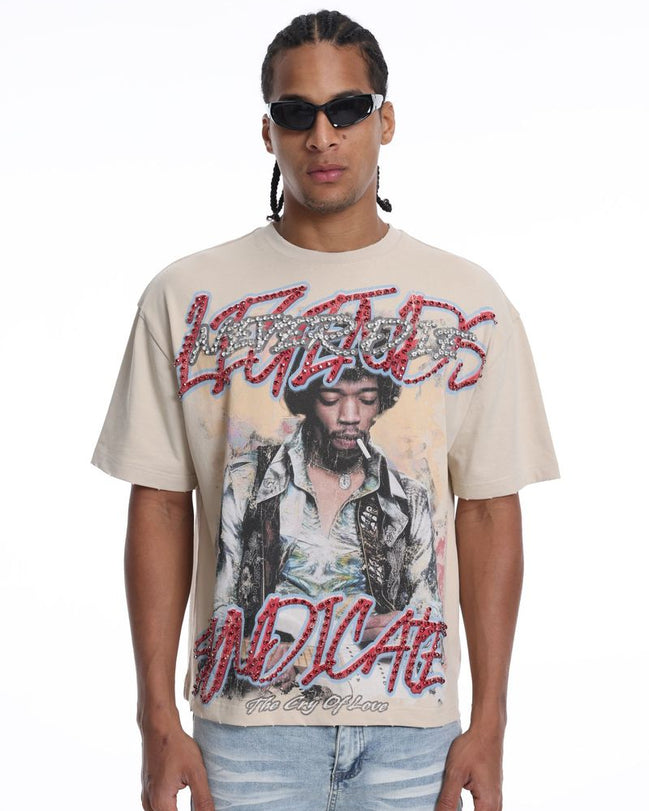 Man wearing a t-shirt with graphic design and text
