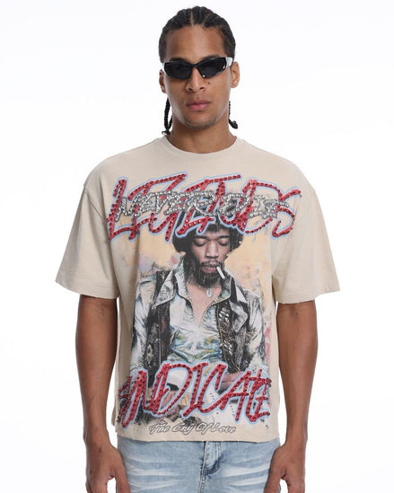 Man wearing a t-shirt with graphic design and text