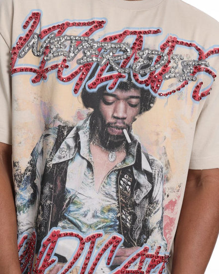 T-shirt with a graphic design of a person smoking a cigarette and text on a beige background