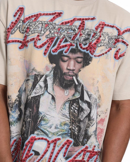 T-shirt with a graphic design of a person smoking a cigarette and text on a beige background