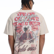 Person wearing a t-shirt with a graphic design on the back