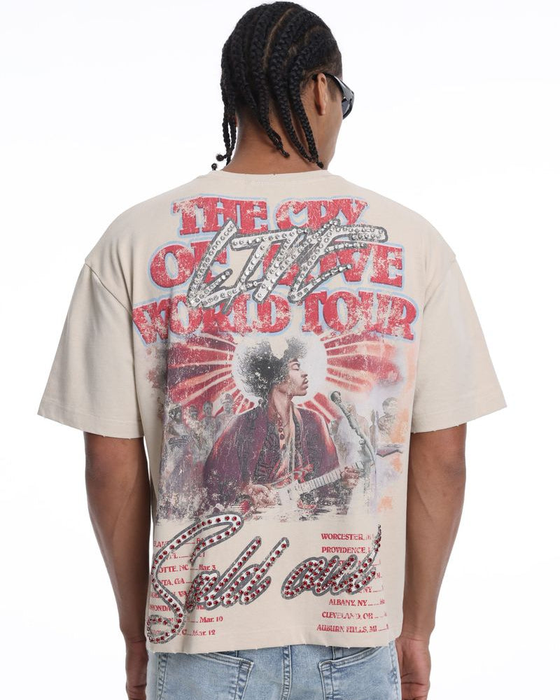 Person wearing a t-shirt with a graphic design on the back