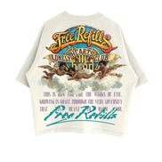 Vintage-style t-shirt with graphic design and text on a white background