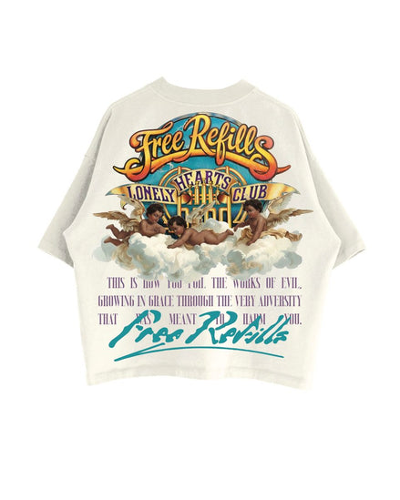 Vintage-style t-shirt with graphic design and text on a white background