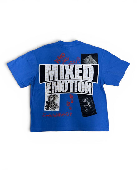 A blue short-sleeve t-shirt with a large graphic print on the back. The graphic features the text 'MIXED EMOTION' in distressed white letters inside a black rectangle, with red text reading 'WHO DARES WINS' above it and smaller black-and-white collage images below.