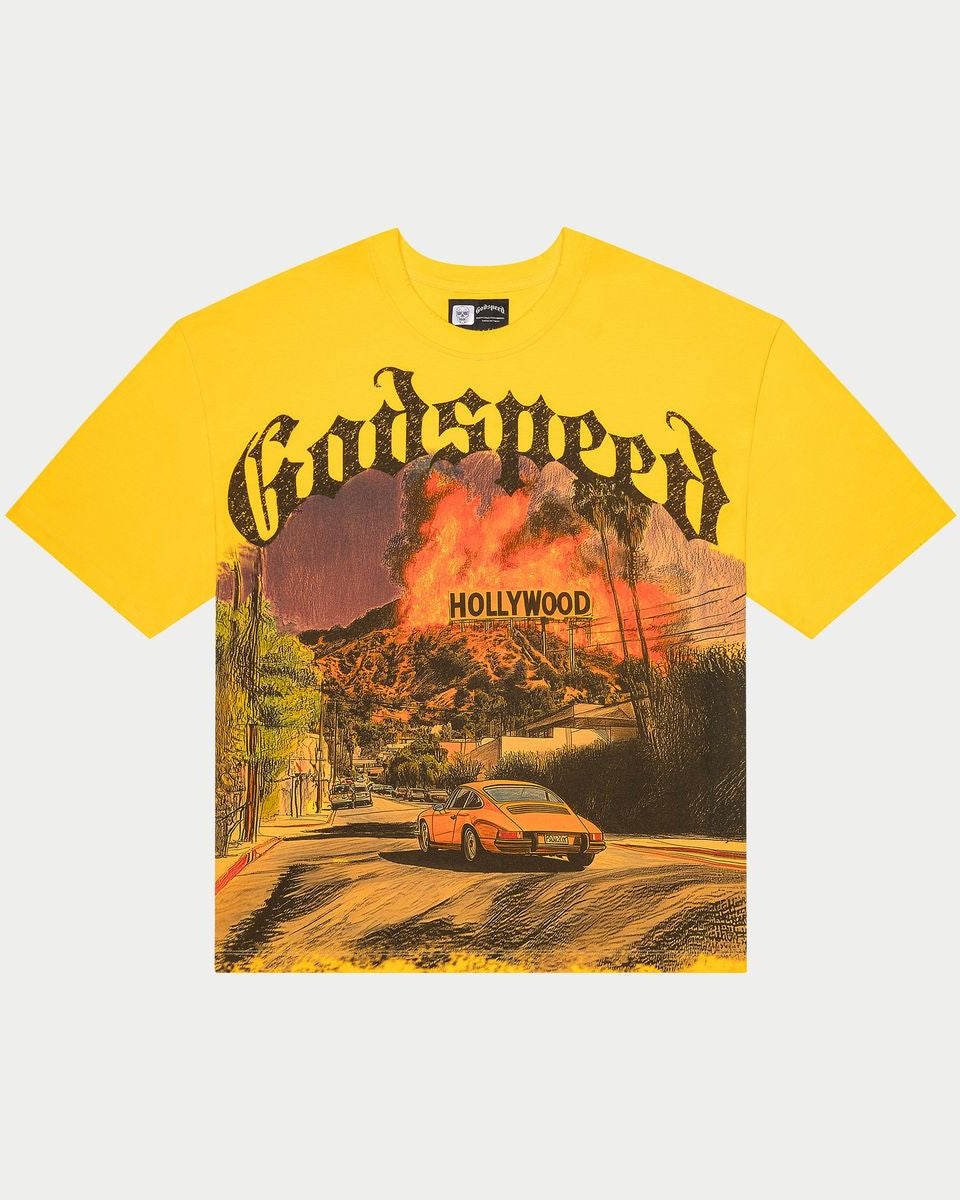 Yellow t-shirt with 'GODSPEED' and 'Hollywood' graphic design on a white background