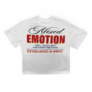 A white short-sleeve t-shirt with a graphic print on the front. The graphic features the text 'Nixed EMOTION' in black and red, with smaller text below reading 'CALL: 747 917 6032 FOR EVERY EMOTIONS' and 'ESTABLISHED IN MMXIX'.