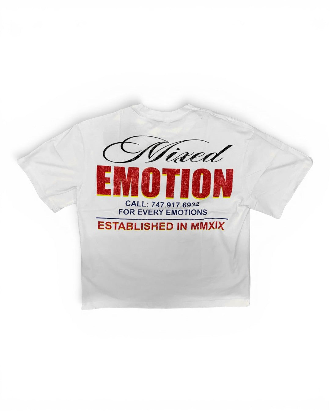 A white short-sleeve t-shirt with a graphic print on the front. The graphic features the text 'Nixed EMOTION' in black and red, with smaller text below reading 'CALL: 747 917 6032 FOR EVERY EMOTIONS' and 'ESTABLISHED IN MMXIX'.