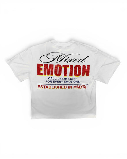 A white short-sleeve t-shirt with a graphic print on the front. The graphic features the text 'Nixed EMOTION' in black and red, with smaller text below reading 'CALL: 747 917 6032 FOR EVERY EMOTIONS' and 'ESTABLISHED IN MMXIX'.
