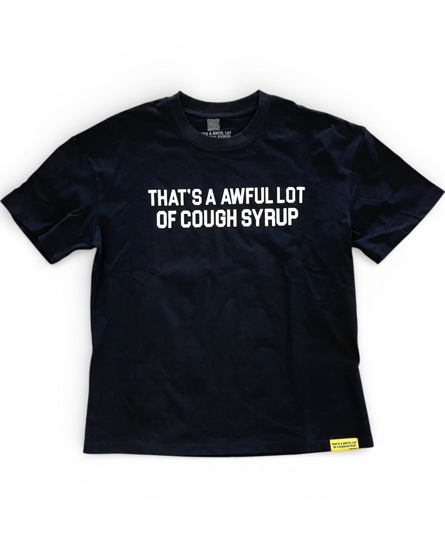 Black t-shirt with white text on a white background