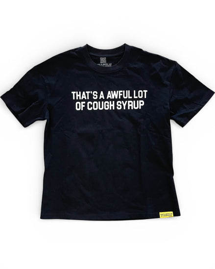 Black t-shirt with white text on a white background
