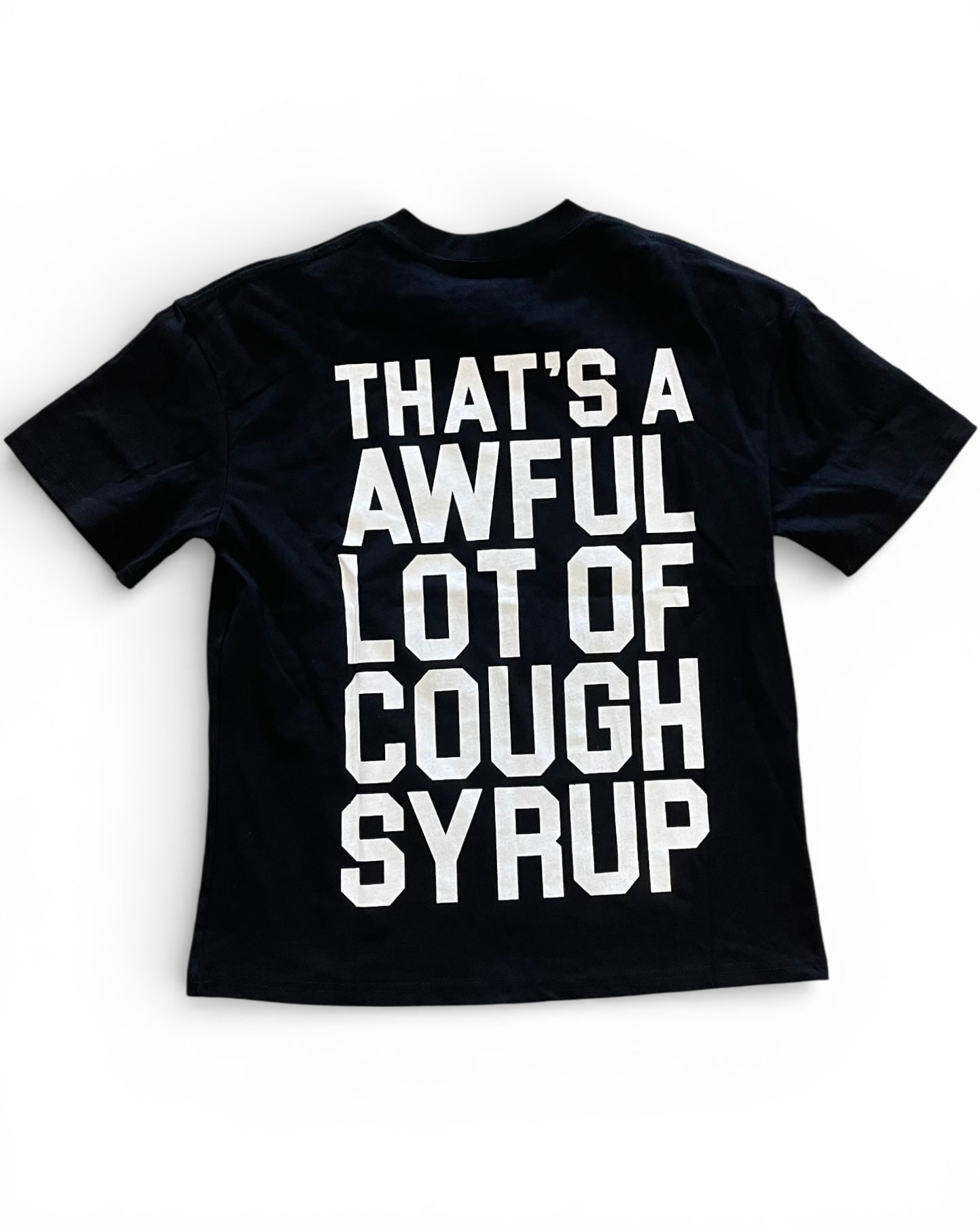 Black t-shirt with white text on a white background