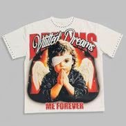 T-shirt with graphic design of an angel and text on a gray background