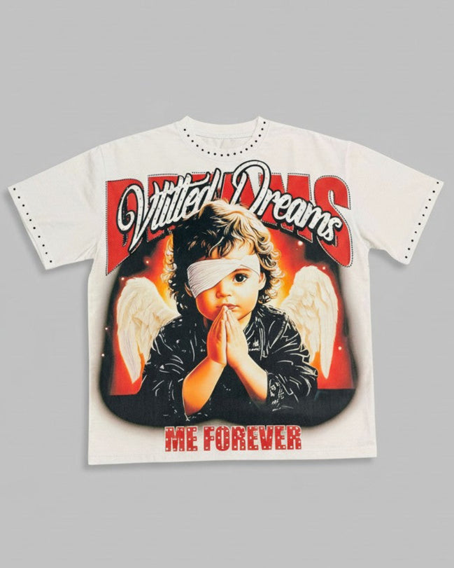 T-shirt with graphic design of an angel and text on a gray background