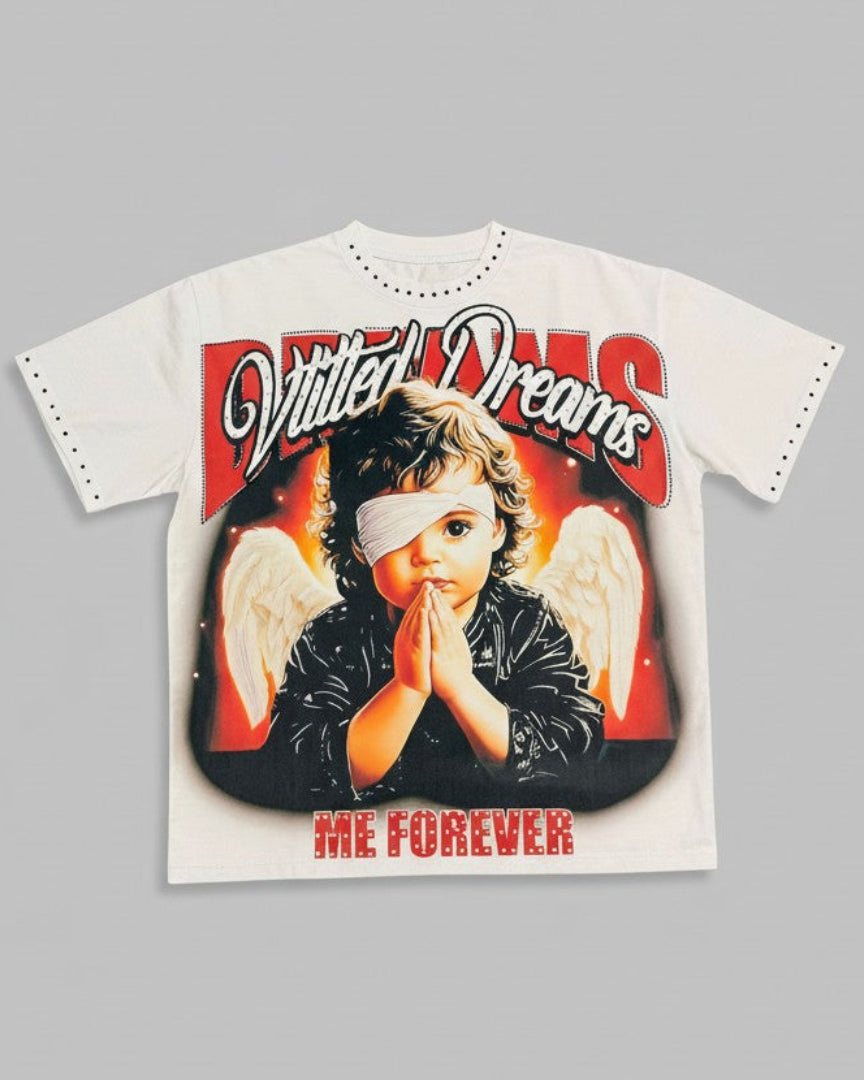 T-shirt with graphic design of an angel and text on a gray background