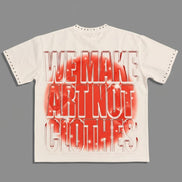 White t-shirt with red and black text on a gray background