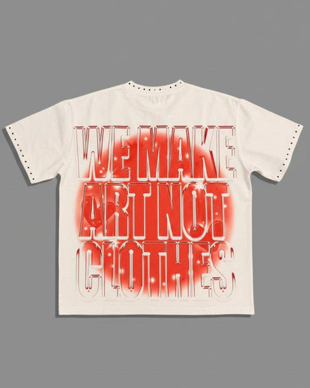 White t-shirt with red and black text on a gray background