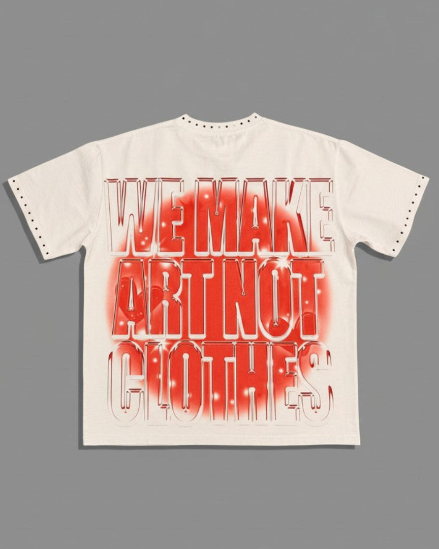 White t-shirt with red and black text on a gray background