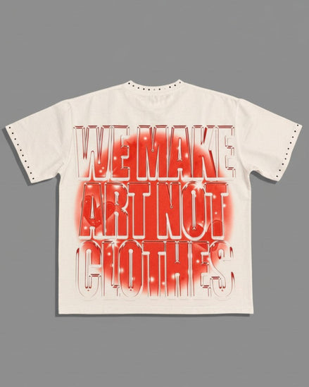 White t-shirt with red and black text on a gray background