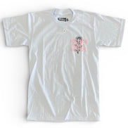 White t-shirt with a pink graphic on a white background