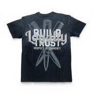 Black t-shirt with white text and graphics on a white background