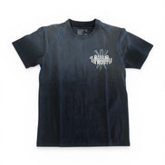 Black t-shirt with a logo on a white background