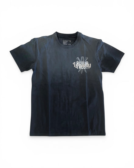 Black t-shirt with a logo on a white background