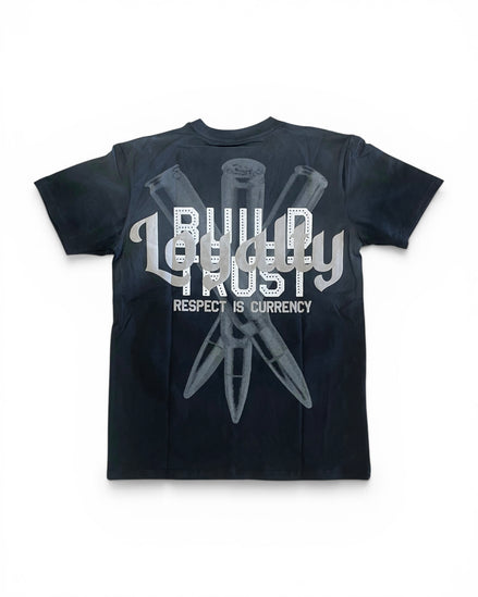 Black t-shirt with white text and graphics on a white background