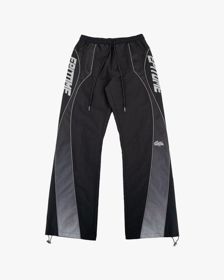 Black athletic pants with gray side panels, white drawstrings, and white 'EPITOME' branding printed vertically on the outer thighs, shown against a light gray background.
