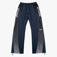 A pair of navy blue athletic pants with dark gray side panels and white 'EPITOME' branding printed vertically on the thighs, shown against a plain light gray background.