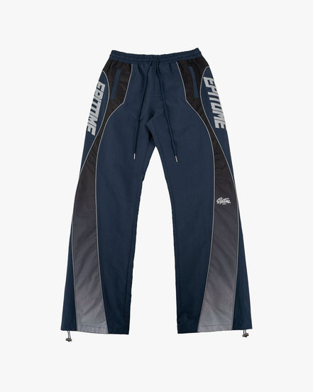 A pair of navy blue athletic pants with dark gray side panels and white 'EPITOME' branding printed vertically on the thighs, shown against a plain light gray background.
