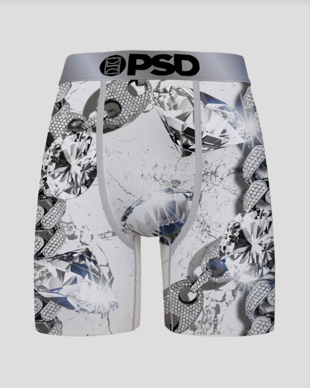 Boxer briefs with a diamond pattern and 'PSD' branding on a white background