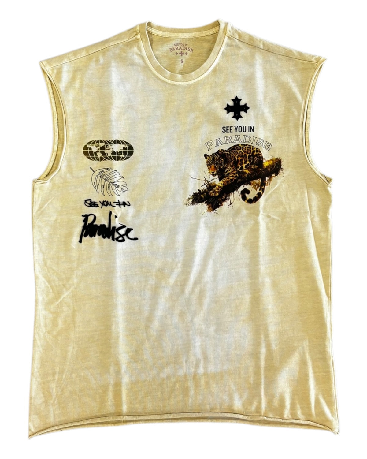 Jordan Craig paradise leopard muscle shirt in light khaki 