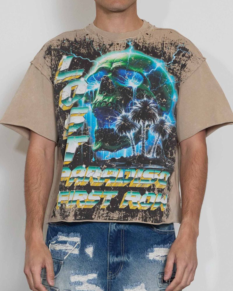 First Row lost Paradise Burning Pyramid Crop Tee in khaki 