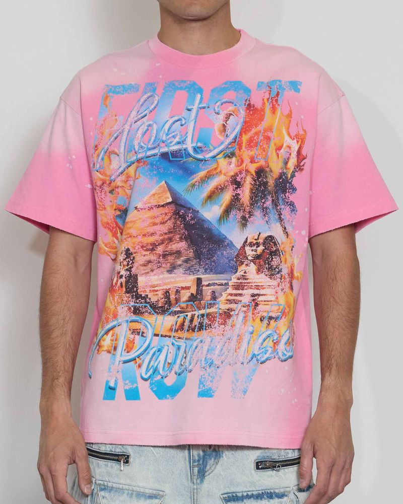 First row lost paradise burning beach crop tee in pink 