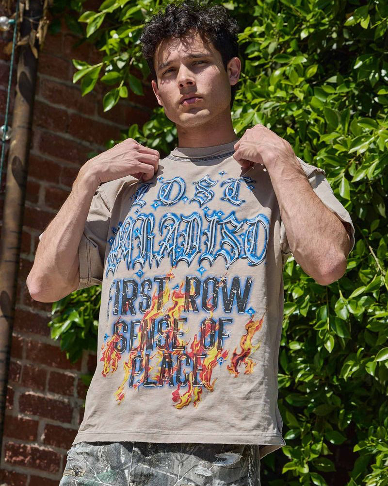 First Row lost paradise shouting night crop tee in khaki 