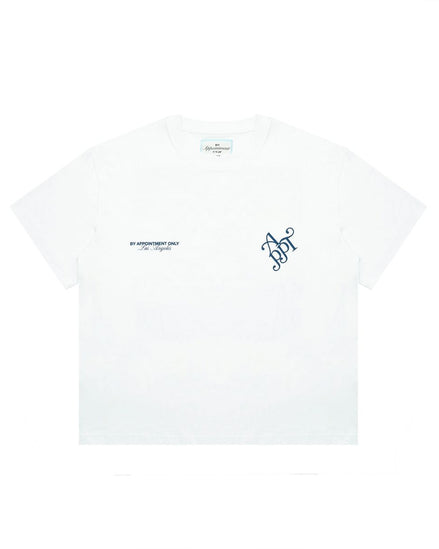 White t-shirt with black text on a white background