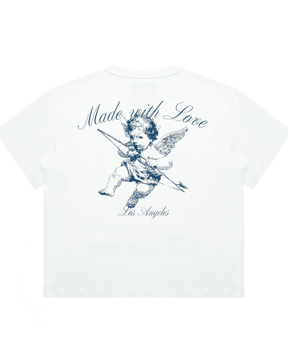 White t-shirt with blue angel graphic and 'Made with Love' text on a white background