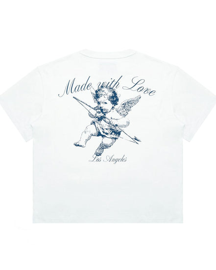 White t-shirt with blue angel graphic and 'Made with Love' text on a white background